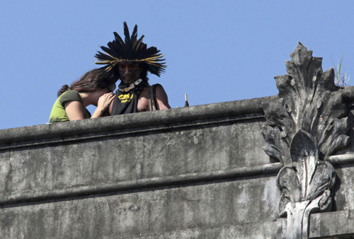 Tribal fashions worn during a political protest in Brazil