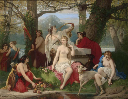 Diana, Goddess of the Hunt, Surrounded by Her Nymphs in a Luminous Forest Setting, Louis Devedeux (1