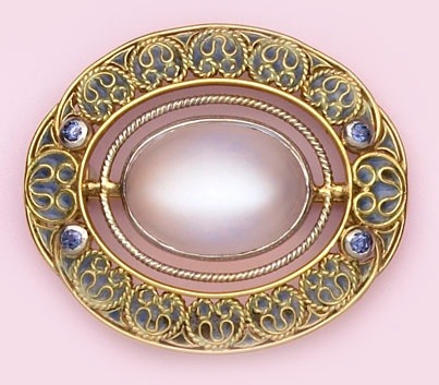 Cabochon-cut moonstone, Montana sapphire, plique-à-jour enamel and gold brooch. Louis Comfort