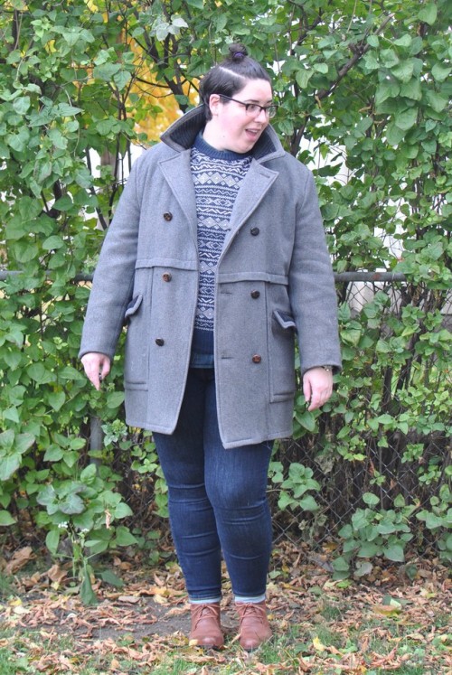 with-a-rare-device:[Image description: two photos of a woman standing outdoors in front of a tall, l