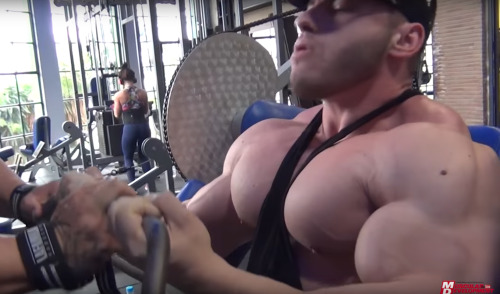 muscleroidaddict: Dan Cristian doing lat pullovers. But I can’t keep my eyes off his massive pecs. L