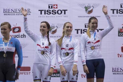 womenscycling: Great Britain on the podium, having won the team pursuit at the November 2014 Guadala