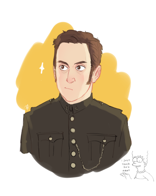 Digital drawing of George Crabtree from Murdoch Mysteries. He is wearing an 1890s constable uniform and a curious expression on a yellow background. A sparkle floats beside his head. In the bottom right corner is a small line drawing of the Marge Simpson potato meme with the text "I just think he's neat"