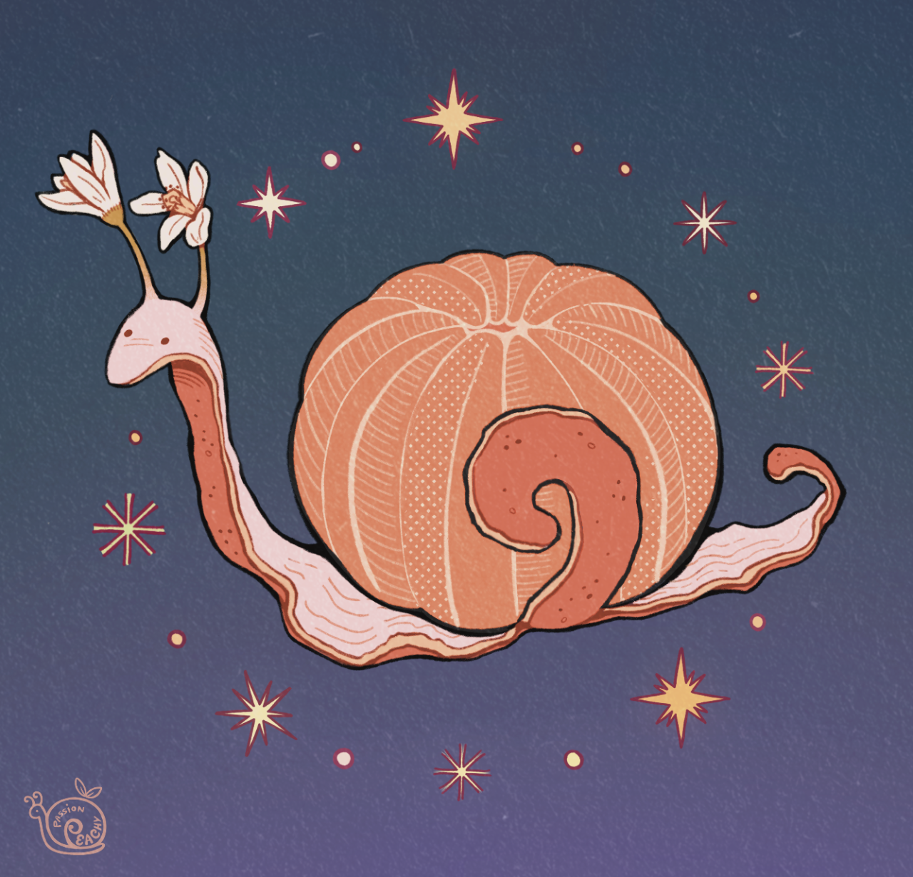 A snail made out of tangerine with white blossoms for stalks. The background is dark blue with yellow stars in a radial pattern.