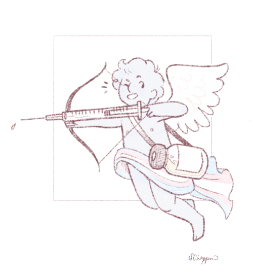 A winking cherub is drawing their bow, but with an oversized syringe in place of an arrow and an oversized vial in place of a quiver. A banner of fabric in the transgender pride flag colors is wrapped around their waist. 