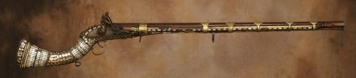 A bone, pearl, and brass decorated Afghan Jezail flintlock musket, 19th century.