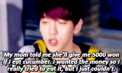 chan-soo:   Byun Baekhyun forever struggling with his food (╯°Д°）╯cucumber