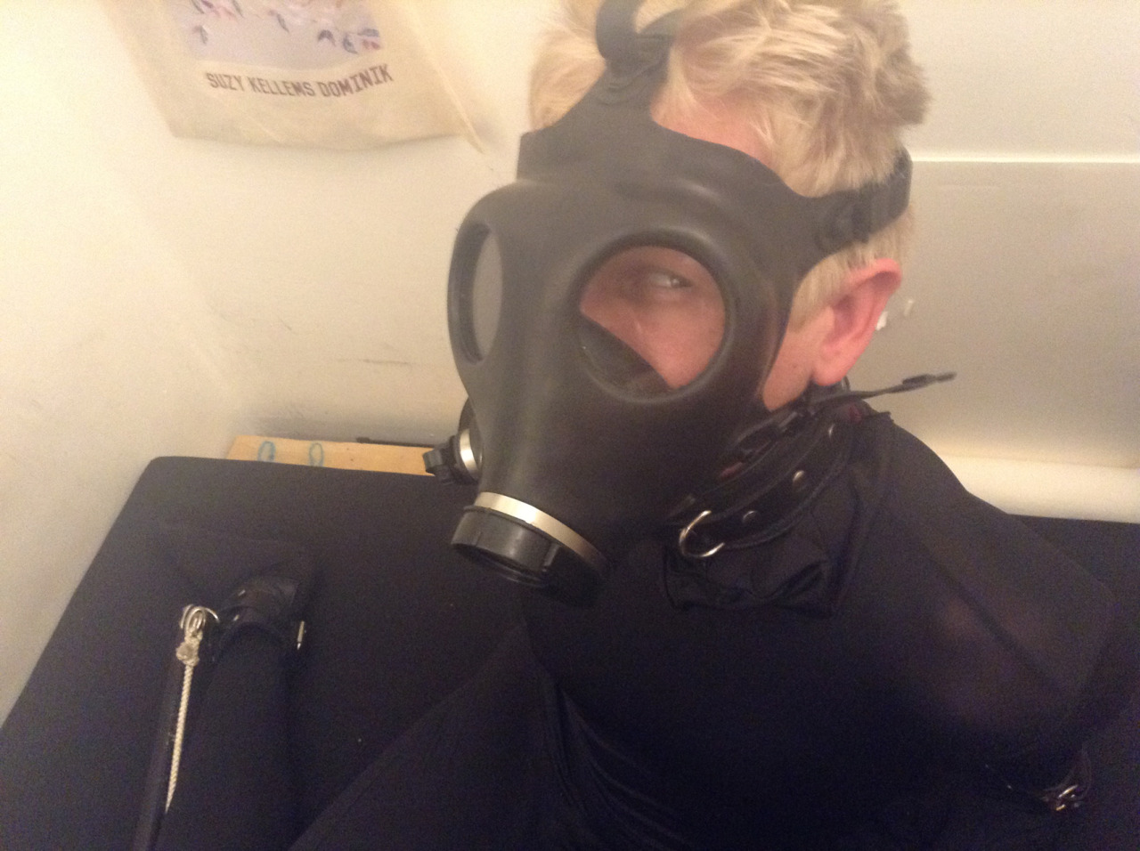 pupdonnie:  In a morphsuit with legs spread wide and hands securely shackled, pupdonnie’s