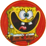 red sticker of spongebob making a face with crossed eyes and a huge, crazy-looking smile.