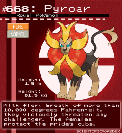 scientificpokedex: Requested by gaybagelsex Pyroar’s name is fairly indicative of its abilities; when it roars, pyroar can release a burning flame like a dragon from its mouth. Breathing fire is a fairly common trope throughout fire-types: but how