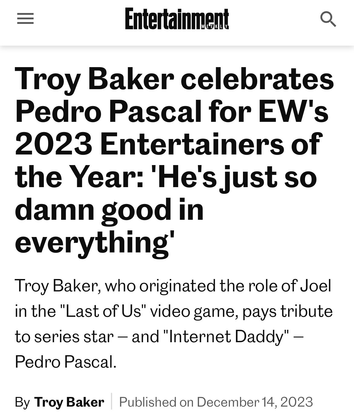 Troy Baker honors Pedro Pascal for EW's 2023 Entertainers of the Year