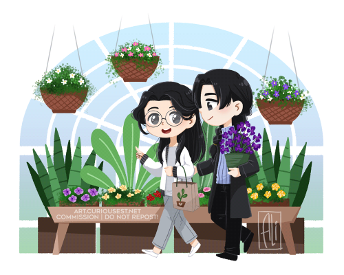 commission for @devoted-peanut! song lan and xiao xingchen on a lovely lil greenhouse date ^-^)