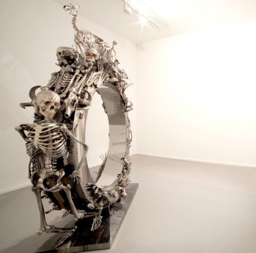thefabulousweirdtrotters:  John Breed - ”God’s Intention” Mirrored Polished Stainless Steel, Silverplated Animal Skeletons, Wooden Construction 260 cm x 240 cm x 90cm 