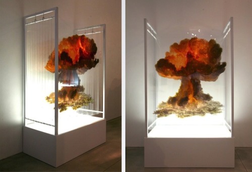 unicorn-meat-is-too-mainstream:  Israeli artist Eyal Gever explores catastrophic events through his art. In his pieces known simply as Nuclear Bomb and Large Scale Smoke, he fabricates the fiery mushroom cloud that forms from an atomic explosion and the