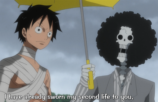 fuckinmanga:  prossima-nebulosa: As I was re-watching one piece film z I remembered why Brook is one of the most beautiful Strawhat members: he’s protecting his captain from the rain, but he’s so tall and the umbrella wouldn’t reach Luffy, so he