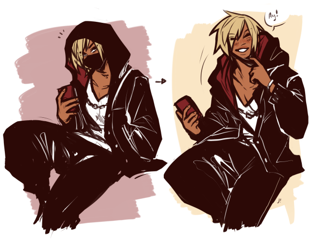 two digital drawings of beat. in the first he's sitting slouched with his hood up over his head and his mask pulled over his face, one hand in his pocket and the other holding his cellphone. he's glaring up at the viewer as though you've interrupted him. in the second drawing he's sitting up, posture more friendly and open. his hood has fallen back and he's tugging his mask down to smile warmly at the viewer. a speech bubble above his head reads "Ay!"