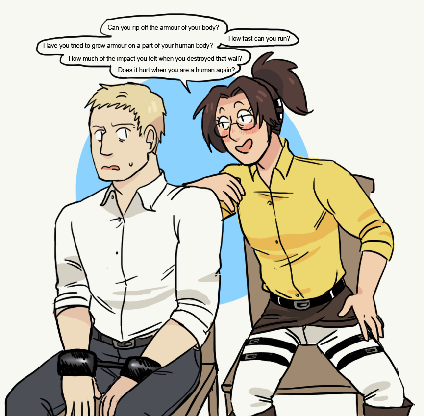 attackondazz:  I really need more drawings/whatever of traitors trio being hanji’s