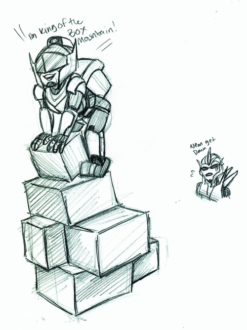 sketch doodle of Neon, being talladded bonus of a silly Arcee yelling at him to get the hell down fr