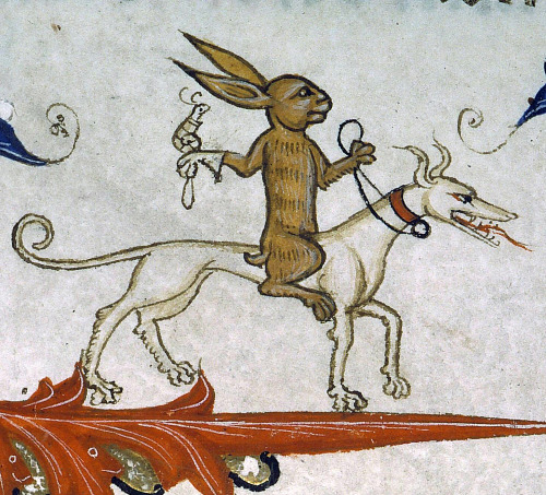hare riding a hound with a trained snail of preyPontifical of Guillaume Durand, Avignon, before 1390