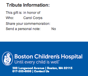 time-traveling-waitress:
“ [Image: Screenshot of Boston Children’s Hospital donation page. A donation has been made in honor of the Carol Corps.]
Thoughts are with the victims and their families. Donate here.
”