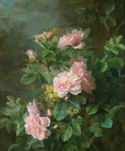art-and-things-of-beauty:  signed M. Rittershoffer or Rittershofler ? - Pink Roses. 1888.