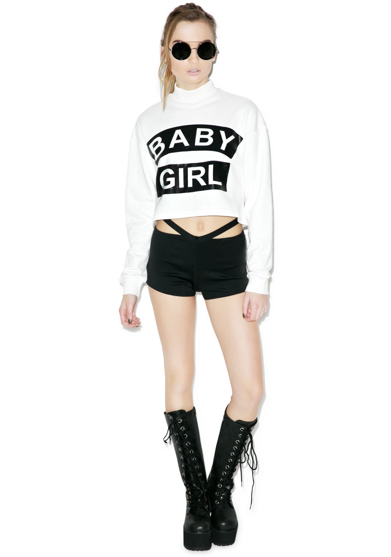 So fierce. ♥  Baby girl crop, thong strap shorts and boots. ♥