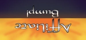 a hatchery banner which shows an orange sun setting or rising behind a purple horizon. Text reads Affiliate Bump!, written in a fancy silver font. The banner is upside down.