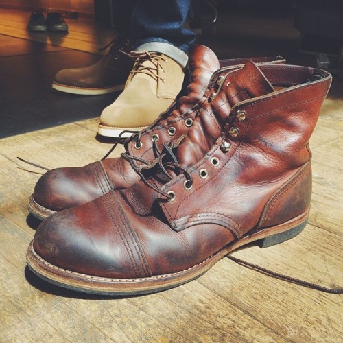 redwingshoestoreamsterdam:  Tuesday Shoe Maker Diaries. Here we have got a pair of Red Wing Shoes 8111 Iron Ranger Amber Harness with a leather Roccia sole. We love the look, do you too? | http://ift.tt/180OFjM | http://ift.tt/1lwAieZ