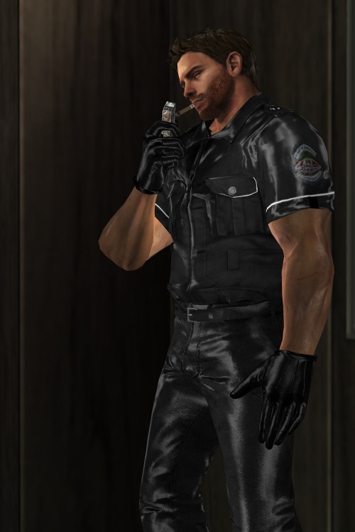 Officer.Redfield dressed in Leather officer uniform .