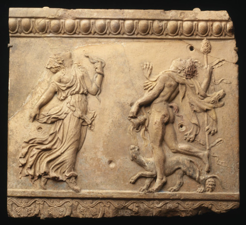 didoofcarthage: Terracotta plaque with nymph and satyr dancing in relief  Roman, Augustan or Ju