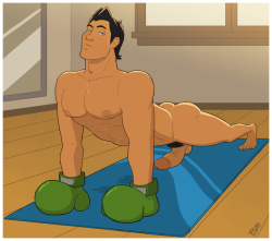 pluvatti-revived:Art trade with rivezion. I hope you don’t mind Little Mac doing yoga. xP