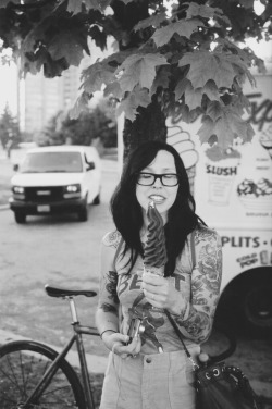 Cute girl with a giant chocolate dipped softee cone?   Perfect!