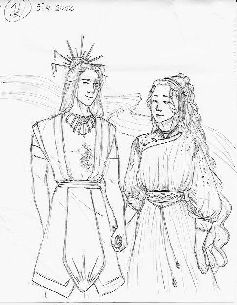 Black and white lineart, a front view of Zuko and Katara as the sun god and queen of the underworld from the fanfic (Don't) Follow Me Down. Zuko is on the left, wearing a sun crown and an outfit similar to the Sun Warriors. He is holding Katara's hand and smiling at her. Katara is smiling up at Zuko; she is wearing a very loose tunic, tightened at the waist by a beaded belt. Her hair is half up with her hair loopies and a hair band with beads. A river is seen behind them.