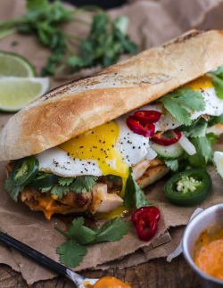 thevisualrepublic:  verticalfood:  Mahi Mahi Banh Mi with Spicy Curried Mayo + Fried Eggs.  A real sandwich.