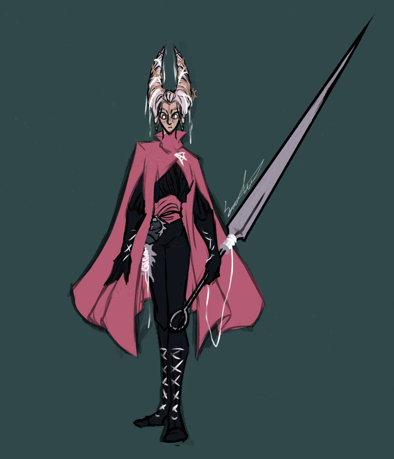 This drawing is a reimagining of Hornet (from hollow knight) as a human. A simple coloured sketch depicting a pale, slim, feminine character with white hair styled in the shape of horns and decorated with bronze chains. She's wearing a black outfit with white silk stitches on the arms and legs and a big red cape, she carries a decorated hunter's bag with her as well as a spool of silk threads on her belt. Her eyes are white with freckles around her nose and cheeks. She is holding her weapon (a long needle) in her left hand.