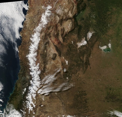 Satellite view of the Andes along the Chile-Argentina border, with salt flats to the east in Argenti