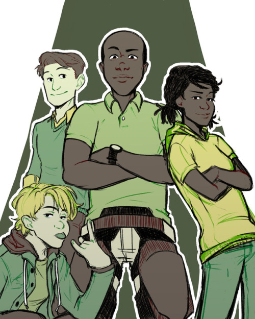 alstonwiggles: [image description: The Sciencelings drawn in a green/brown/yellow palette. Rhodey st