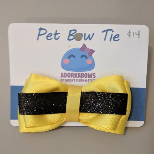 I made bow ties for pets. They have 4″ soft loop-and-latch straps that go around your pet’s collar. 