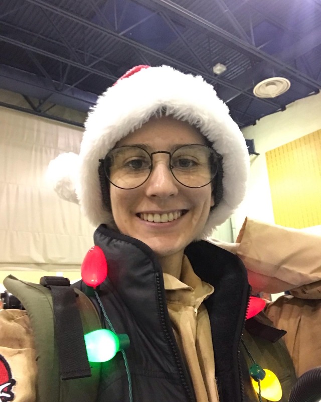 Some better pictures of me in my winter gear. Mom got me a Santa hat and one of the other Ghostbusters gifted me some lights!
