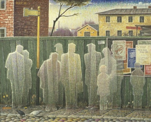 latvianart: Auseklis Baušķenieks (1910-2007) Tramvaja pieturā // At the Tram Stop (1985)