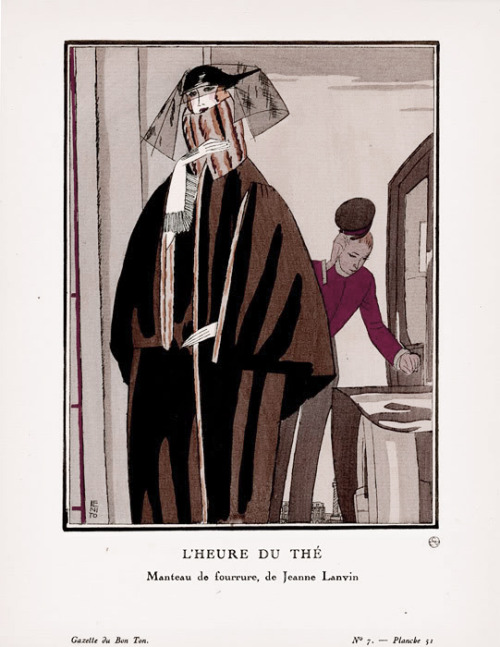 “L'Heure du Thé” Jeanne Lanvin fur coat in the Gazette du Bon Ton, illustration by Edoua