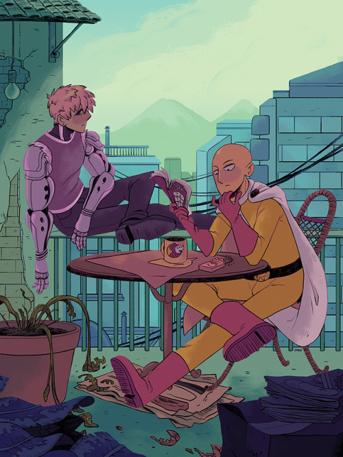 aurelie-a: A quiet One Punch Man print of the boys enjoying themselves on their free time! This show is so action paced Saitama can barely finish his sudoku. When is season 2 happening I’m thirsty over here available on Etsy  (✿◕◡◕)  