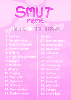 sidebloggable:A smut art meme, in the same vein of the gore meme, with outfit/theme prompts! Remember to specify if you’re uncomfortable with any of the prompts, and tag art appropriately when finished. I’m closing requests soon, but I’m still planning