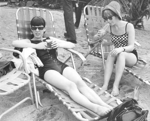 thelovelymaureen: January 1966 - Maureen and Cynthia lounging with tropical drinks on Arnos Vale bea