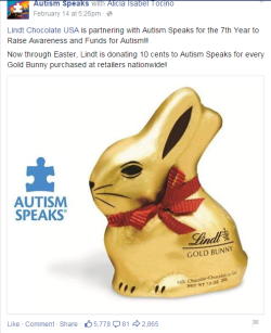 theaubisticzionistconspiracy:This is your reminder NOT to buy Lindt Chocolate this year. They have been partnering with Autism Speaks for 7 years. Don’t know why Autism Speaks is bad? Visit http://www.boycottautismspeaks.com/. [image is a screenshot