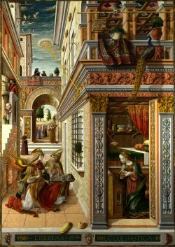 artmastered: Carlo Crivelli, Annunciation with St Emidius, 1486, oil on wood transferred to canvas, 207 x 147 cm, The National Gallery, London. Source Carlo Crivelli was a Venetian-born painter, renowned for his late-Gothic inspired style. 