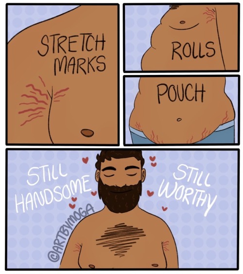 wickedlywenchy:  artbymoga:   Body positivity is for everyone.  Enjoy my comics? Consider donating: https://ko-fi.com/artbymoga   So important to remember that a lot of guys have body image issues too! And fellas…..you are ALL perfect just the way you
