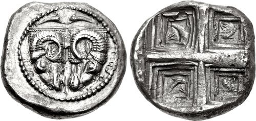 ancientcoins:PHOKIS, Delphi. 5th century BC. AR Tridrachm (25mm, 18.26 g). Two rhyta (drinking vesse