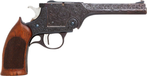 Custom engraved Harrington and Richardson single shot .22 caliber target pistol.