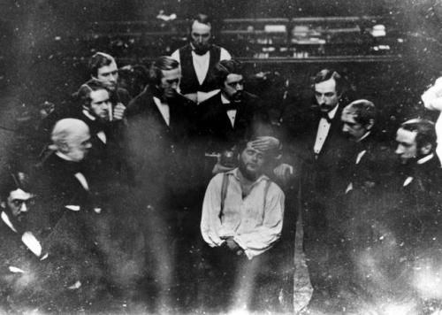 historicaltimes:  Re-enactment photo of the first public demonstration of anesthesia in the Ether Do